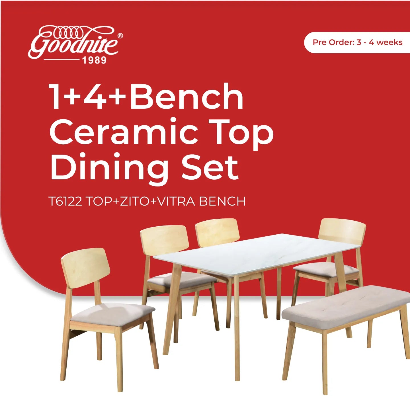 Goodnite (1+4+Bench) Ceramic Dining Set, Ceramic Top, Solid Rubber Wood