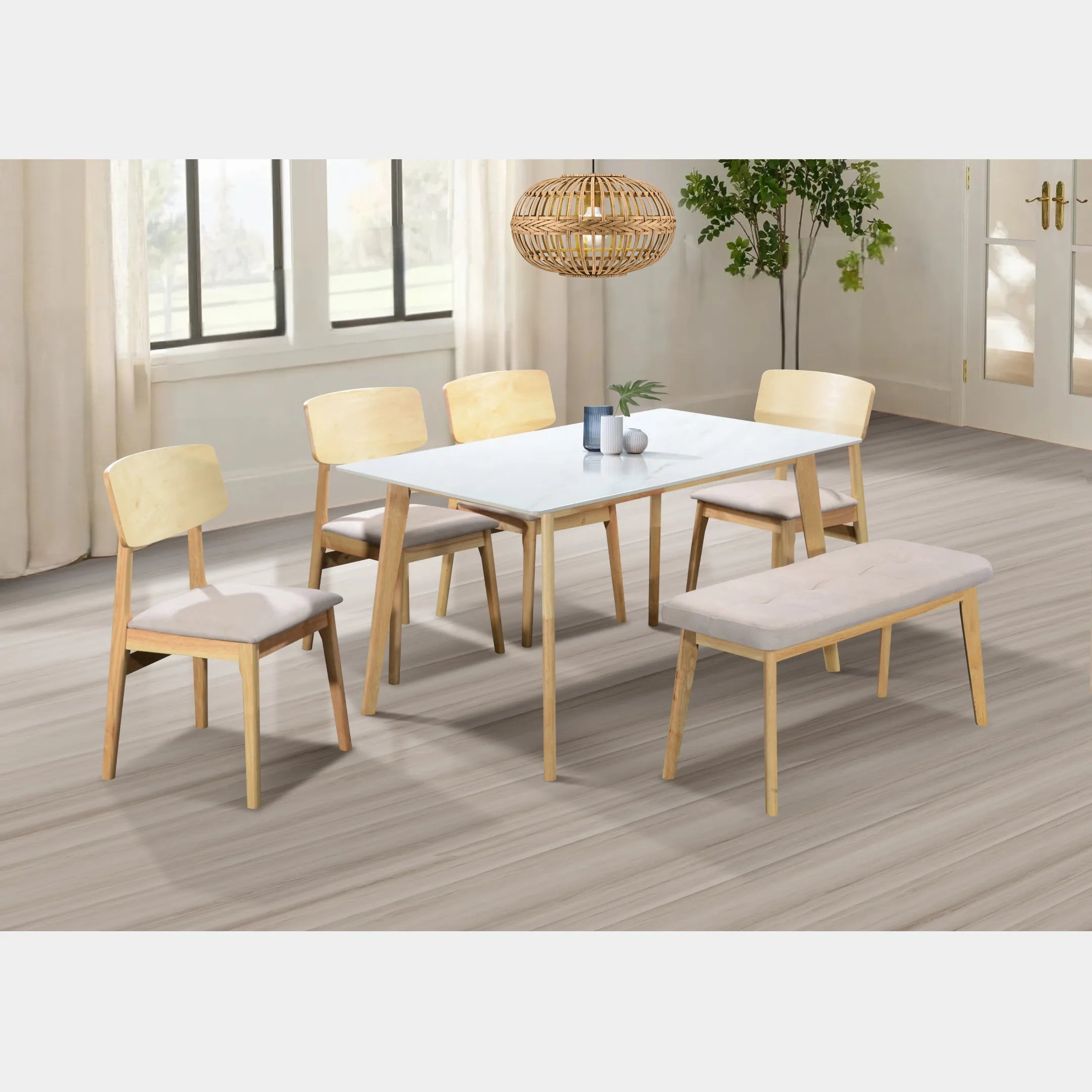 Goodnite (1+4+Bench) Ceramic Dining Set, Ceramic Top, Solid Rubber Wood