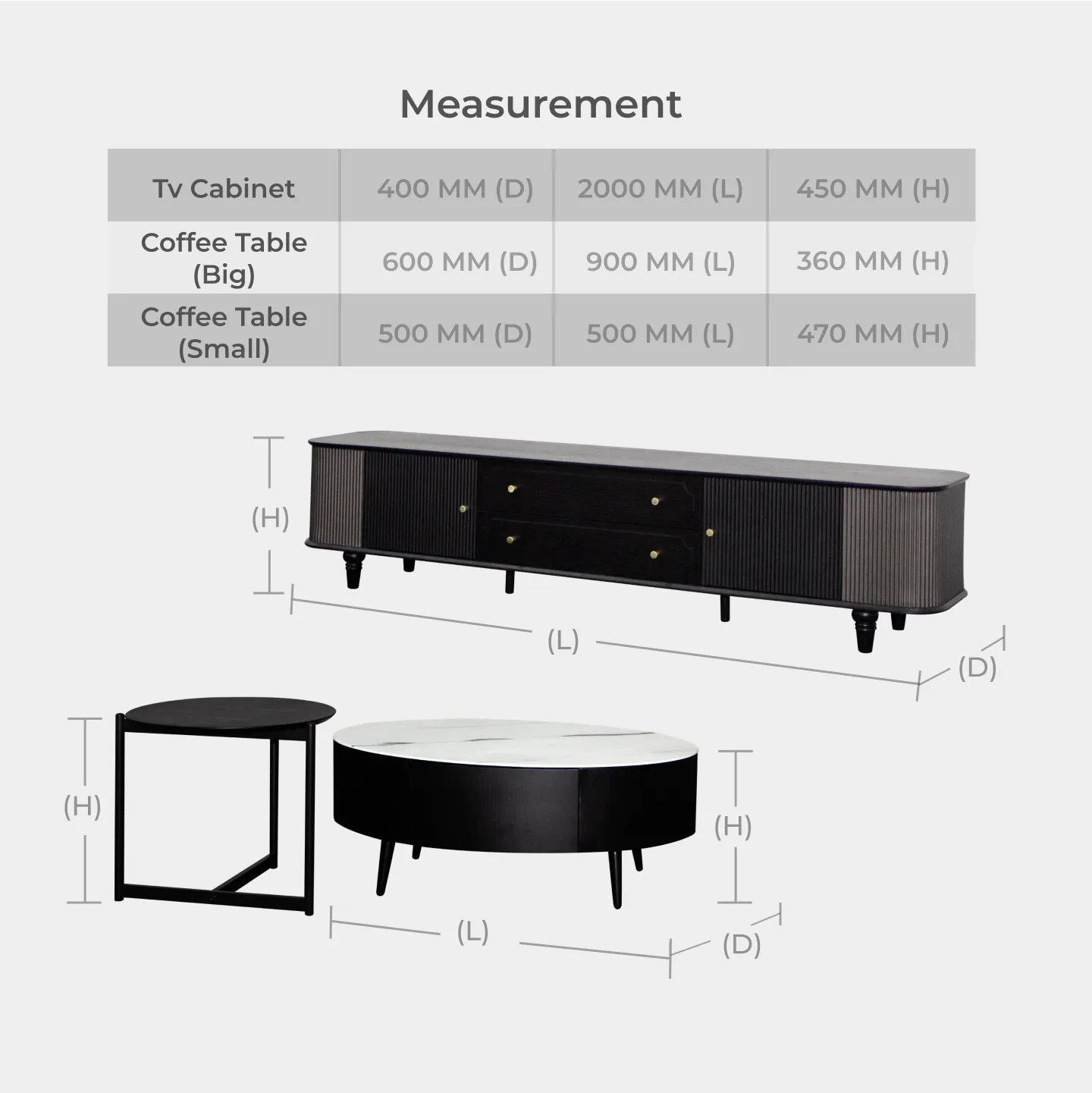 Goodnite Living Set, 6.5FT TV Cabinet + Glass Top Coffee Table