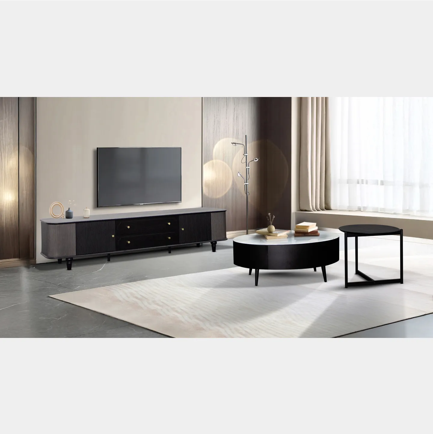 Goodnite Living Set, 6.5FT TV Cabinet + Glass Top Coffee Table