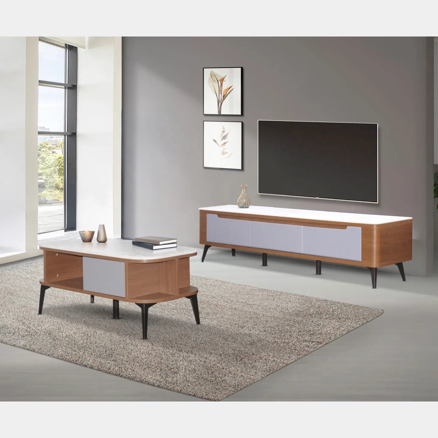 Goodnite Living Set, Ceramic Top TV Cabinet + Coffee Table