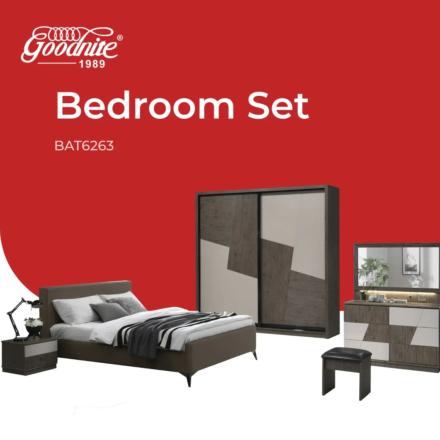 Goodnite Queen/ King Bedroom Set, Bedframe + Wardrobe + Dresser + Side Table (BAT6263)