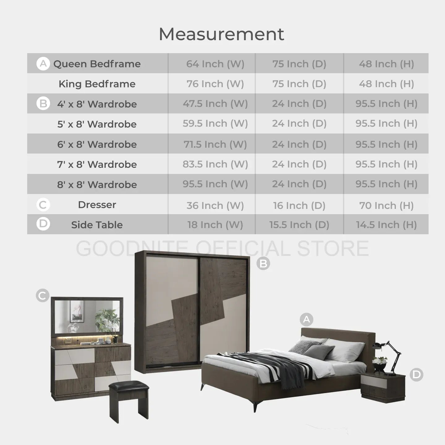 Goodnite Queen/ King Bedroom Set, Bedframe + Wardrobe + Dresser + Side Table (BAT6263)