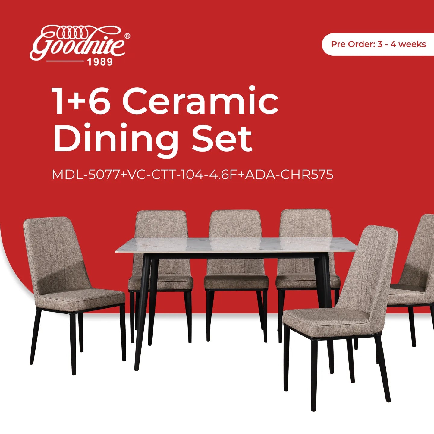 Goodnite (1+6) Ceramic Dining Set, Ceramic Top, Metal Leg, PU Chair