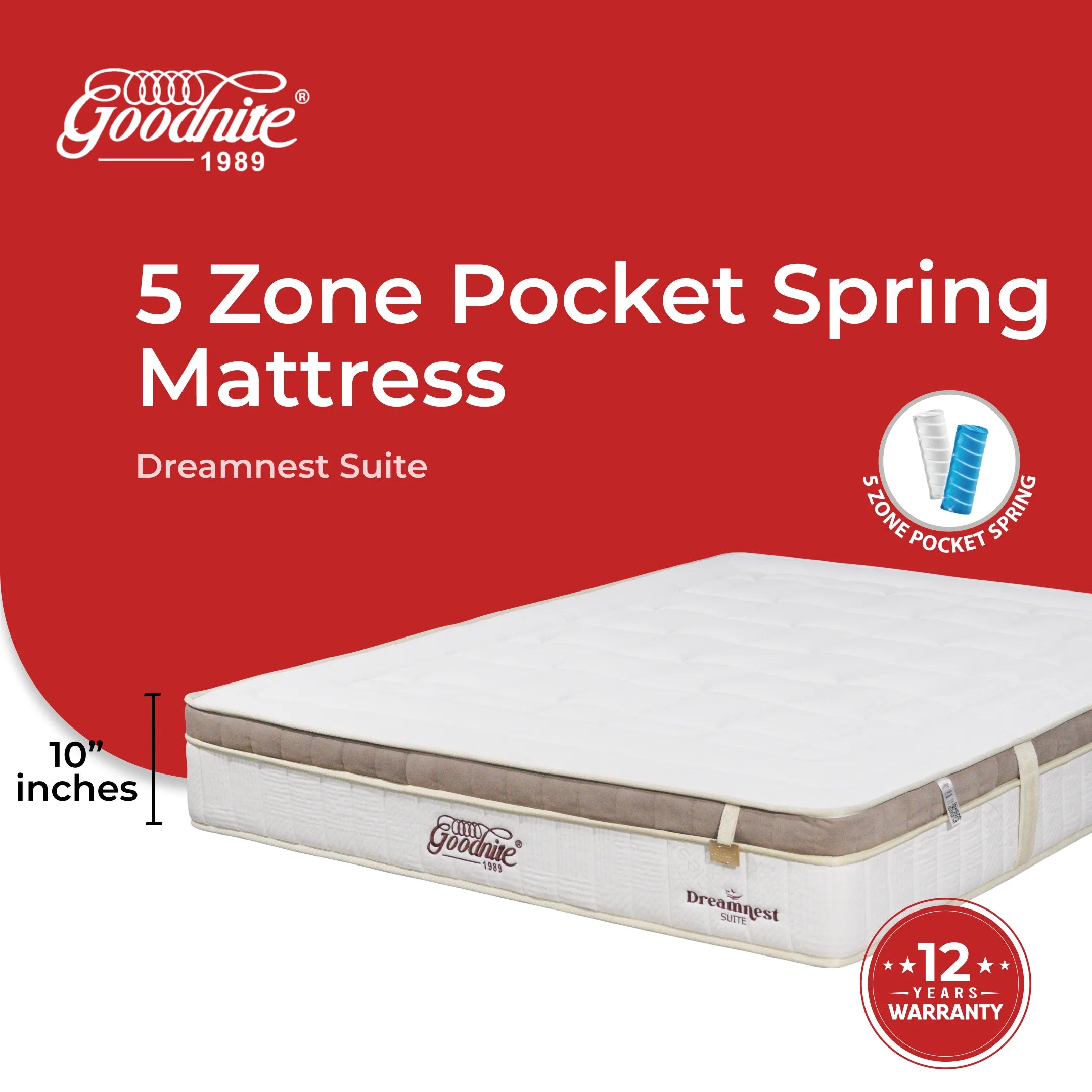 Goodnite Dreamnest Suite 5 Zone Pocket Spring Mattress (10 Inch) with Single/ Super Single/ Queen/ King