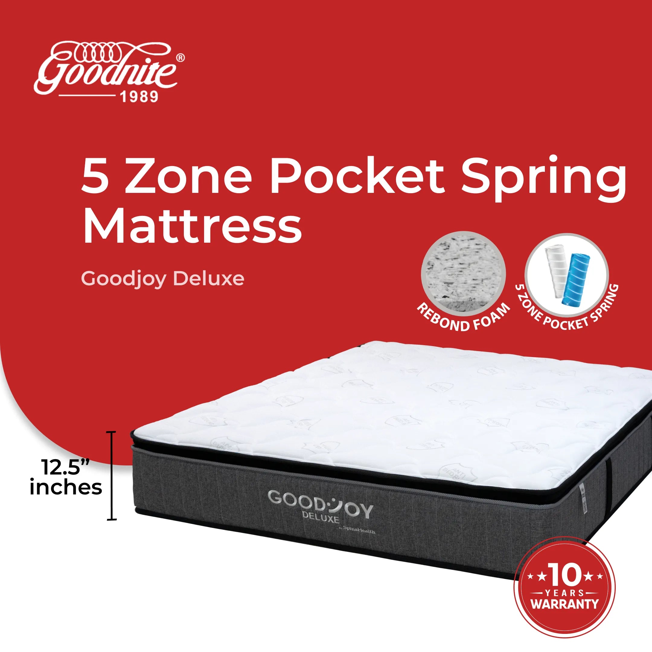 Goodnite Goodjoy Deluxe 5 Zone Pocket Spring Mattress (12.5 Inch) with Single/ Super Single/ Queen/ King
