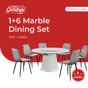 Goodnite (1+6) Marble Dining Set, Marble Top Table, Slim Metal Leg, Fabric Chair