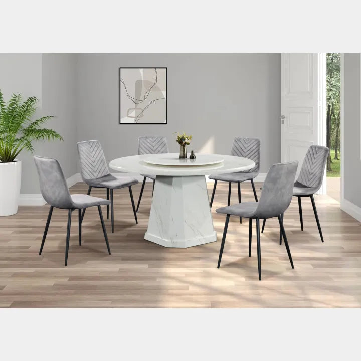 Goodnite (1+6) Marble Dining Set, Marble Top Table, Slim Metal Leg, Fabric Chair