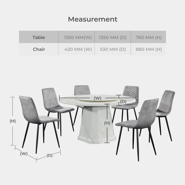 Goodnite (1+6) Marble Dining Set, Marble Top Table, Slim Metal Leg, Fabric Chair
