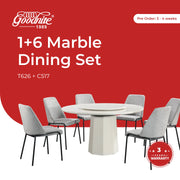 Goodnite (1+6) Marble Dining Set, Marble Top Table, Metal Leg, Fabric Chair
