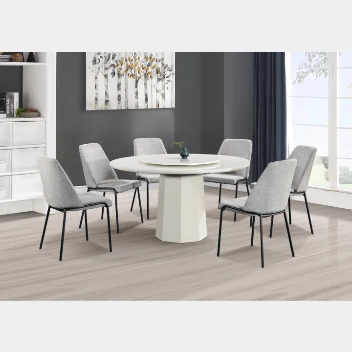 Goodnite (1+6) Marble Dining Set, Marble Top Table, Metal Leg, Fabric Chair