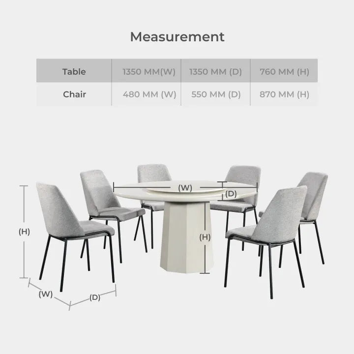 Goodnite (1+6) Marble Dining Set, Marble Top Table, Metal Leg, Fabric Chair