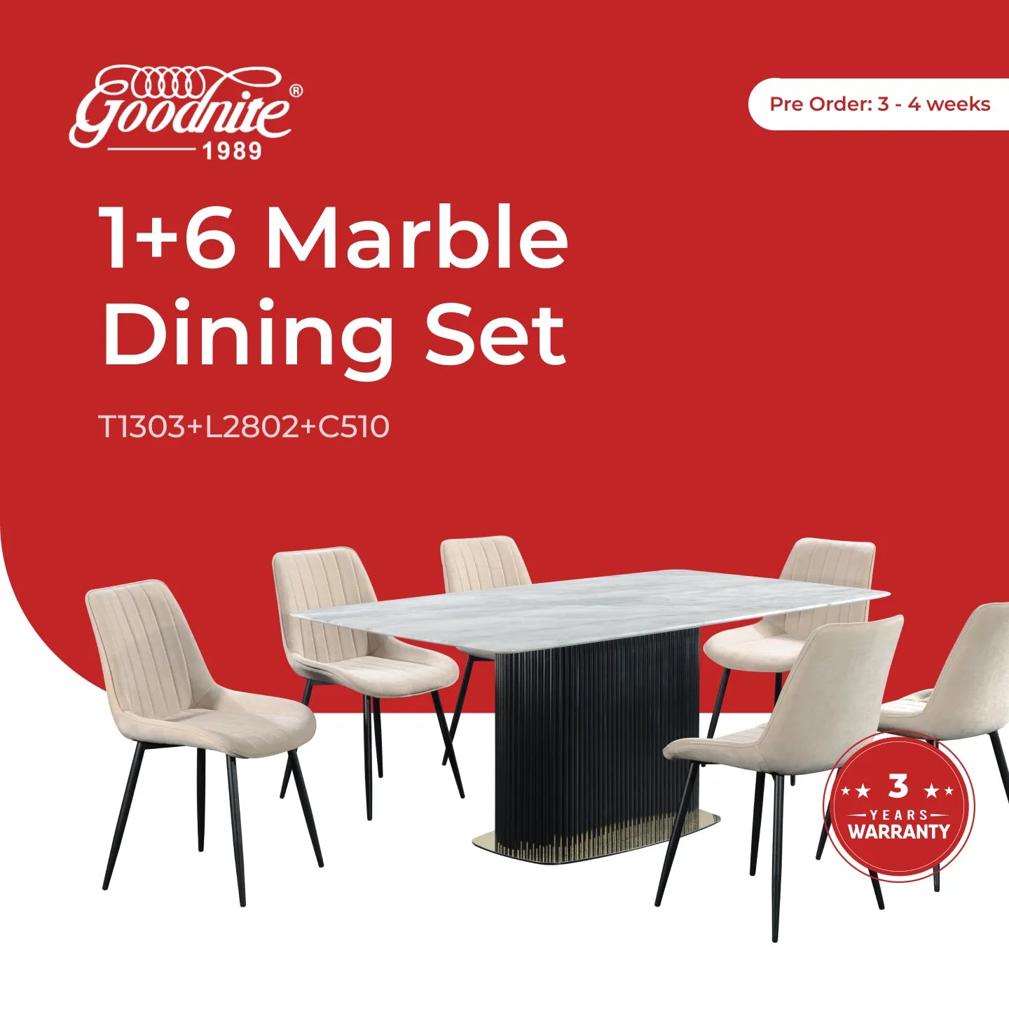 Goodnite (1+6) Marble Dining Set (W 1800mm), Nano Marble Table, Metal Leg, Fabric Chair