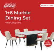 Goodnite (1+6) Marble Dining Set (W 1800mm), Nano Marble Table, Metal Leg, Fabric Chair