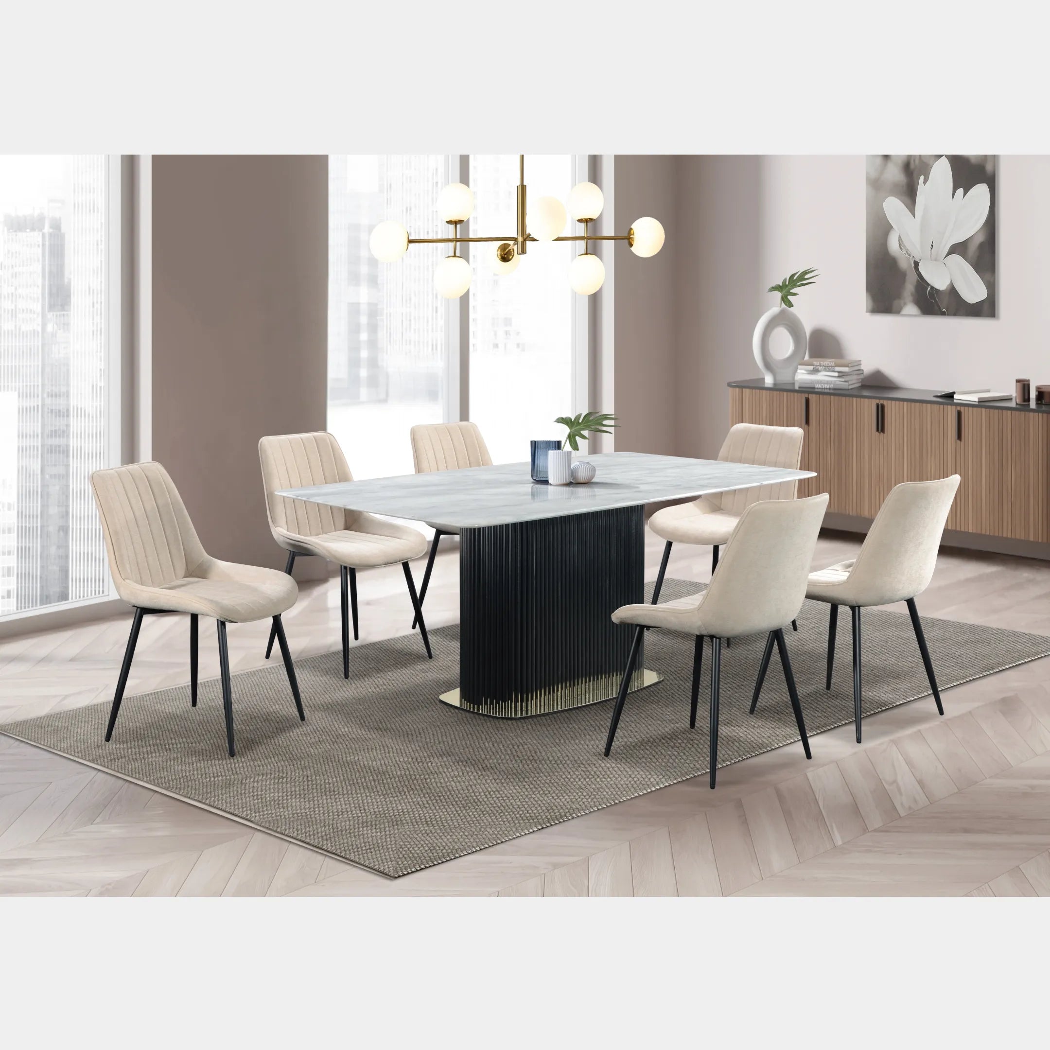 Goodnite (1+6) Marble Dining Set (W 1800mm), Nano Marble Table, Metal Leg, Fabric Chair