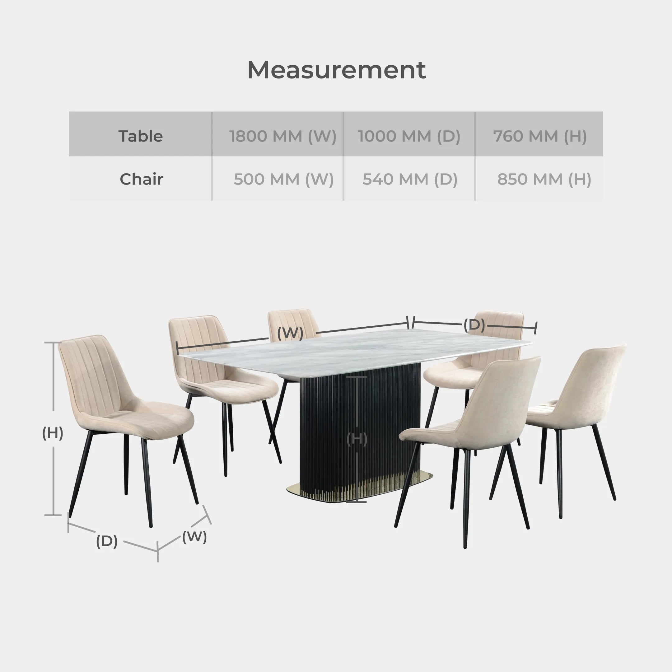 Goodnite (1+6) Marble Dining Set (W 1800mm), Nano Marble Table, Metal Leg, Fabric Chair