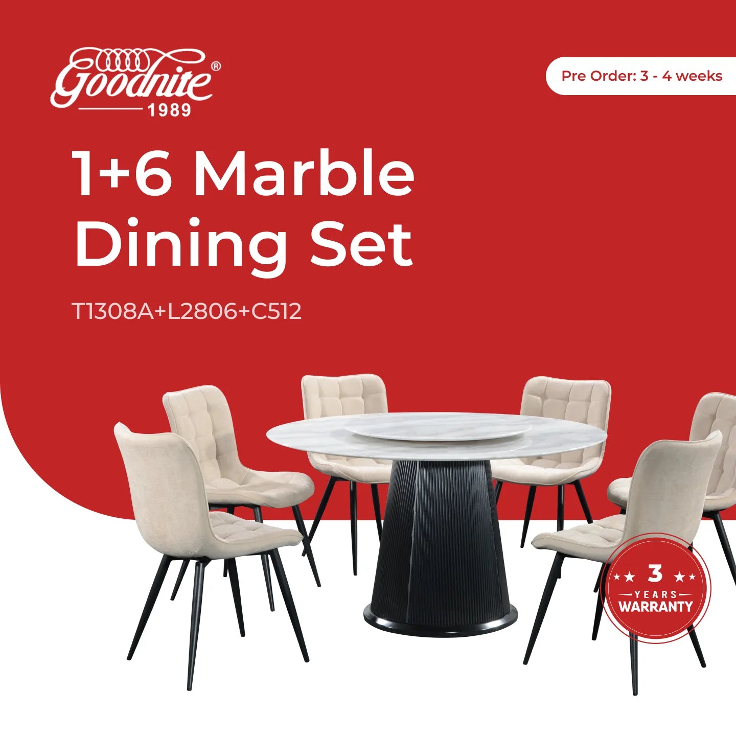 Goodnite (1+6) Marble Dining Set (W 1350mm) / (1+8) Marble Dining Set (W 1500mm), Nano Marble Table, Metal Leg, Fabric Chair