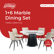 Goodnite (1+6) Marble Dining Set (W 1350mm) / (1+8) Marble Dining Set (W 1500mm), Nano Marble Table, Metal Leg, Fabric Chair