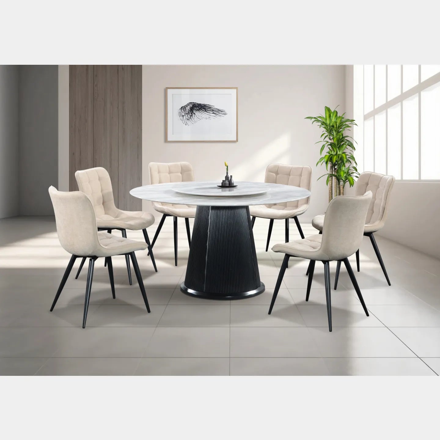 Goodnite (1+6) Marble Dining Set (W 1350mm) / (1+8) Marble Dining Set (W 1500mm), Nano Marble Table, Metal Leg, Fabric Chair