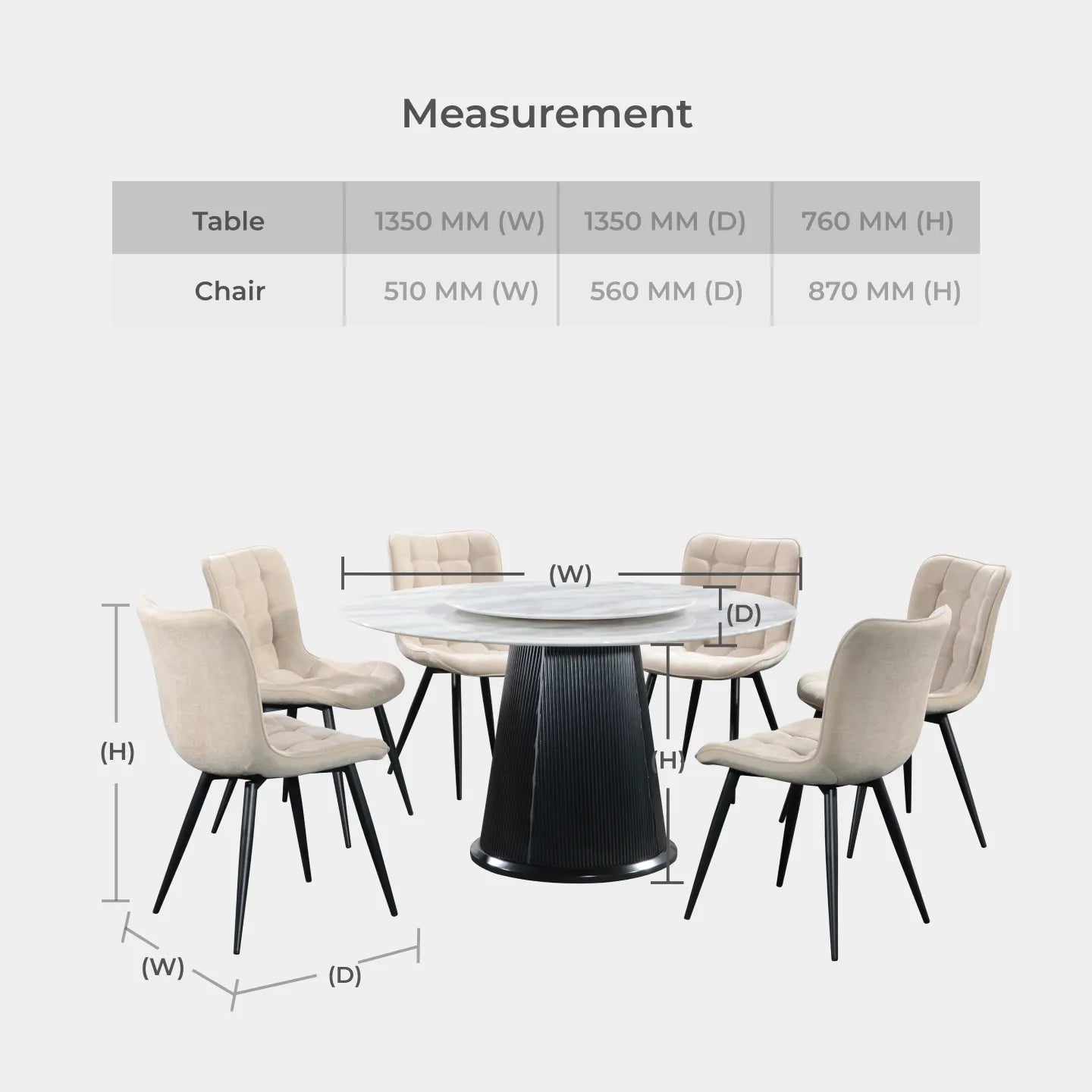 Goodnite (1+6) Marble Dining Set (W 1350mm) / (1+8) Marble Dining Set (W 1500mm), Nano Marble Table, Metal Leg, Fabric Chair