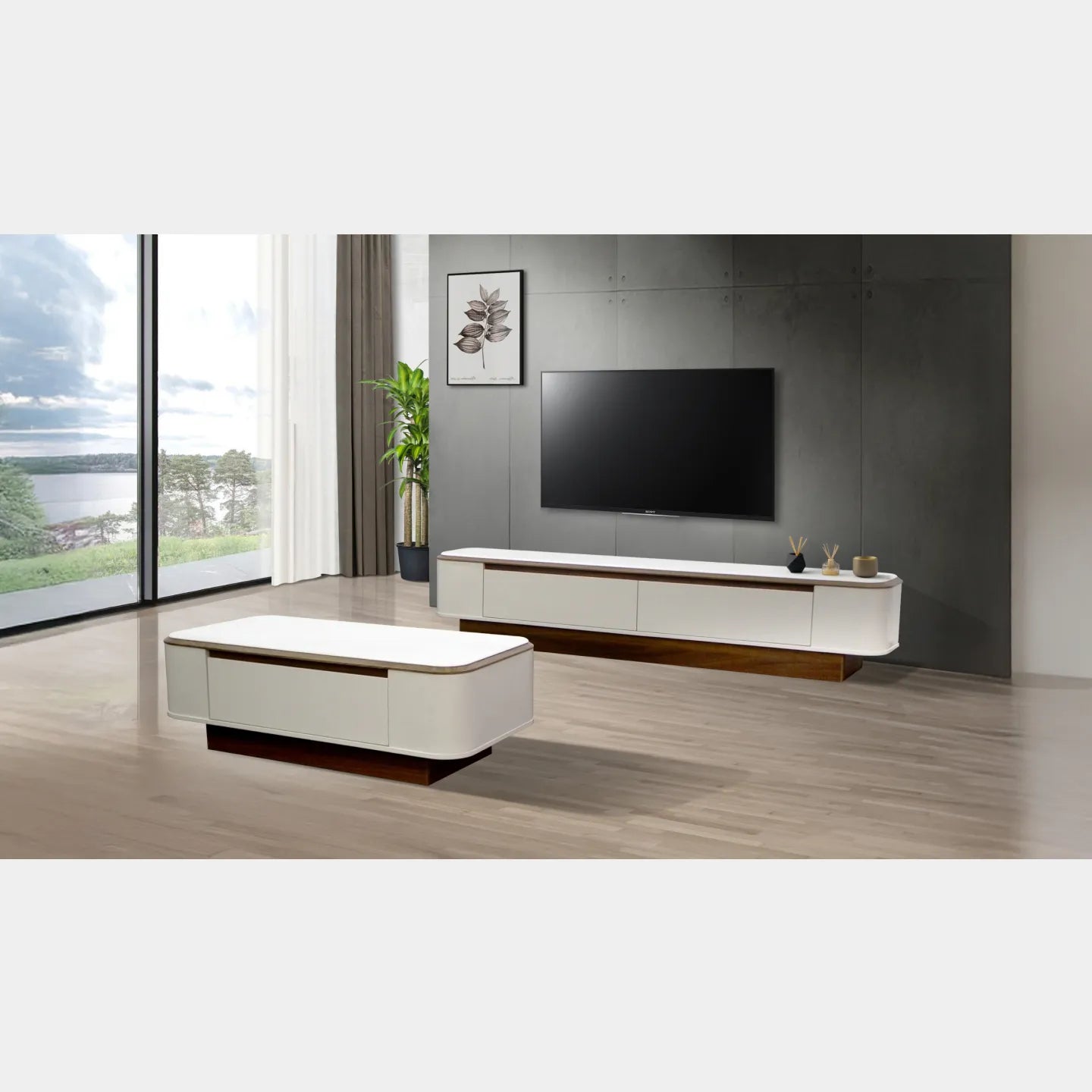 Goodnite Living Set, 6.5FT Tech Stone Top TV Cabinet + Coffee Table
