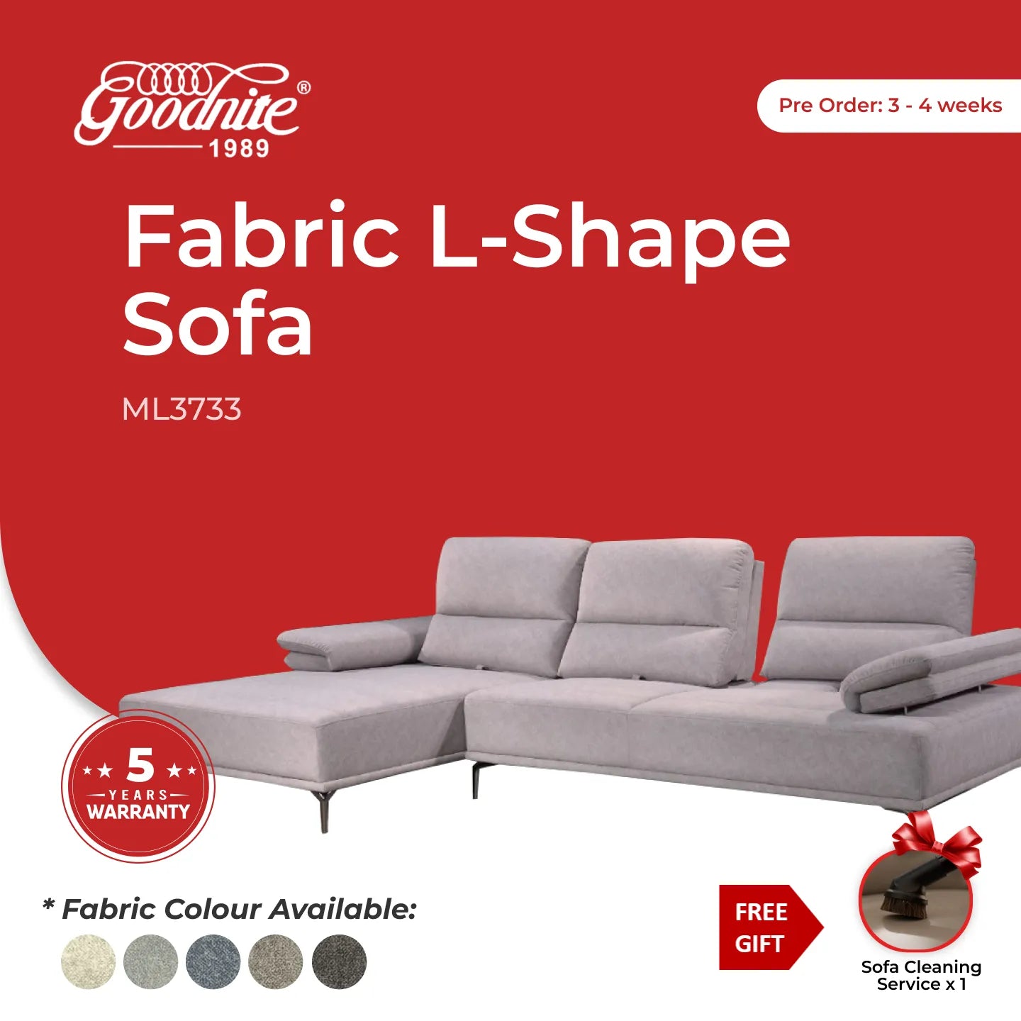 Goodnite Fabric L-Shape Sofa (ML3733), 5 Years Warranty
