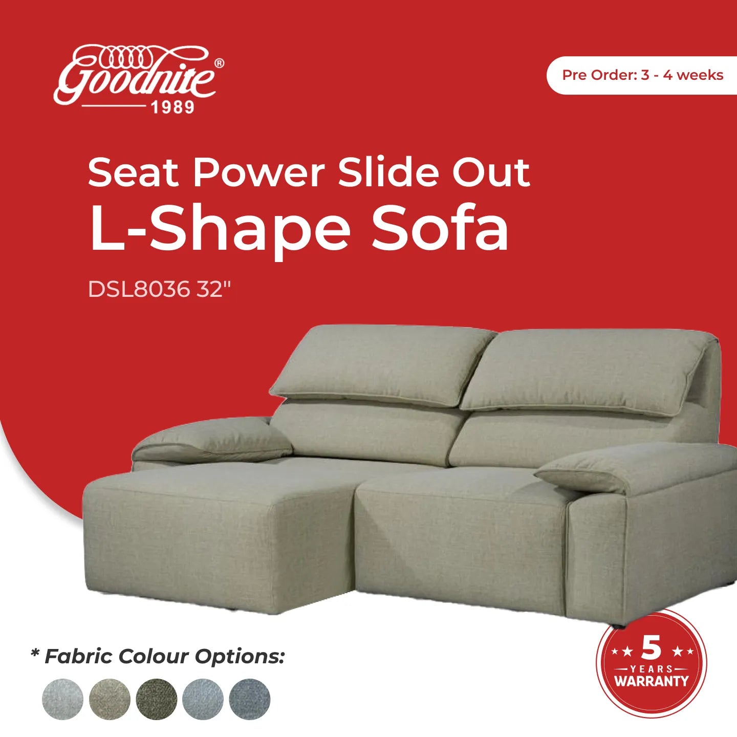 Goodnite Seat Power Slide Out L-Shape Sofa (DSL8036 32"), 5 Years Warranty
