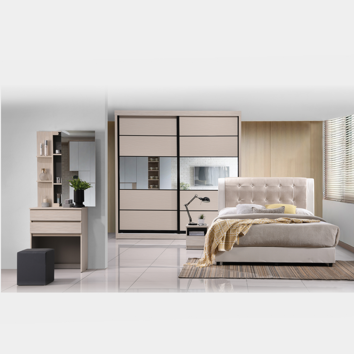 Goodnite Queen Bedroom Set, Bedframe + Wardrobe + Dresser + Side Table (2119) + GoodJoy Care Mattress