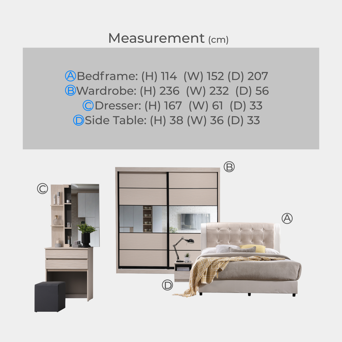 Goodnite Queen Bedroom Set, Bedframe + Wardrobe + Dresser + Side Table (2119) + GoodJoy Care Mattress