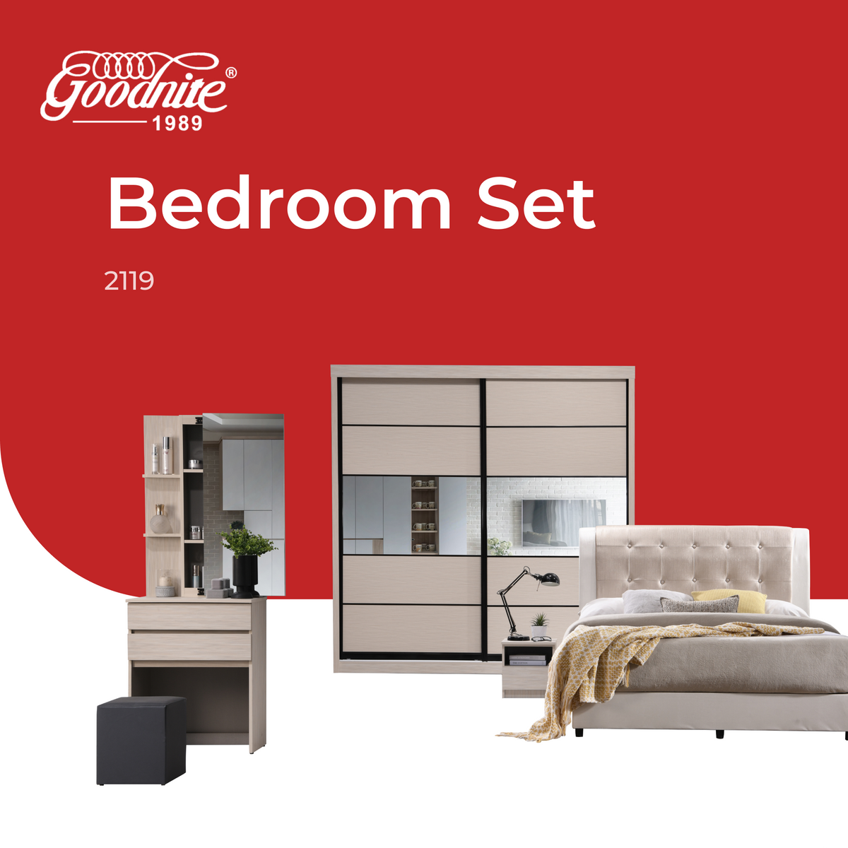 Goodnite Queen/ King Bedroom Set, Bedframe + Wardrobe + Dresser + Side Table (2119)