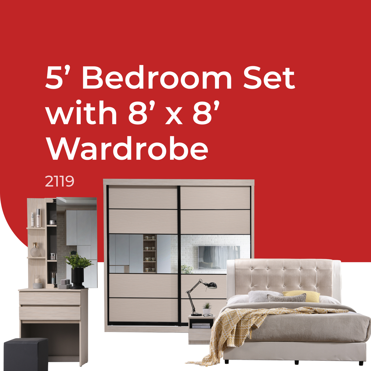 Goodnite Queen Bedroom Set, Bedframe + Wardrobe + Dresser + Side Table (2119) + GoodJoy Care Mattress