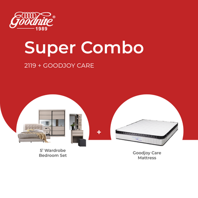 Goodnite Queen Bedroom Set, Bedframe + Wardrobe + Dresser + Side Table (2119) + GoodJoy Care Mattress