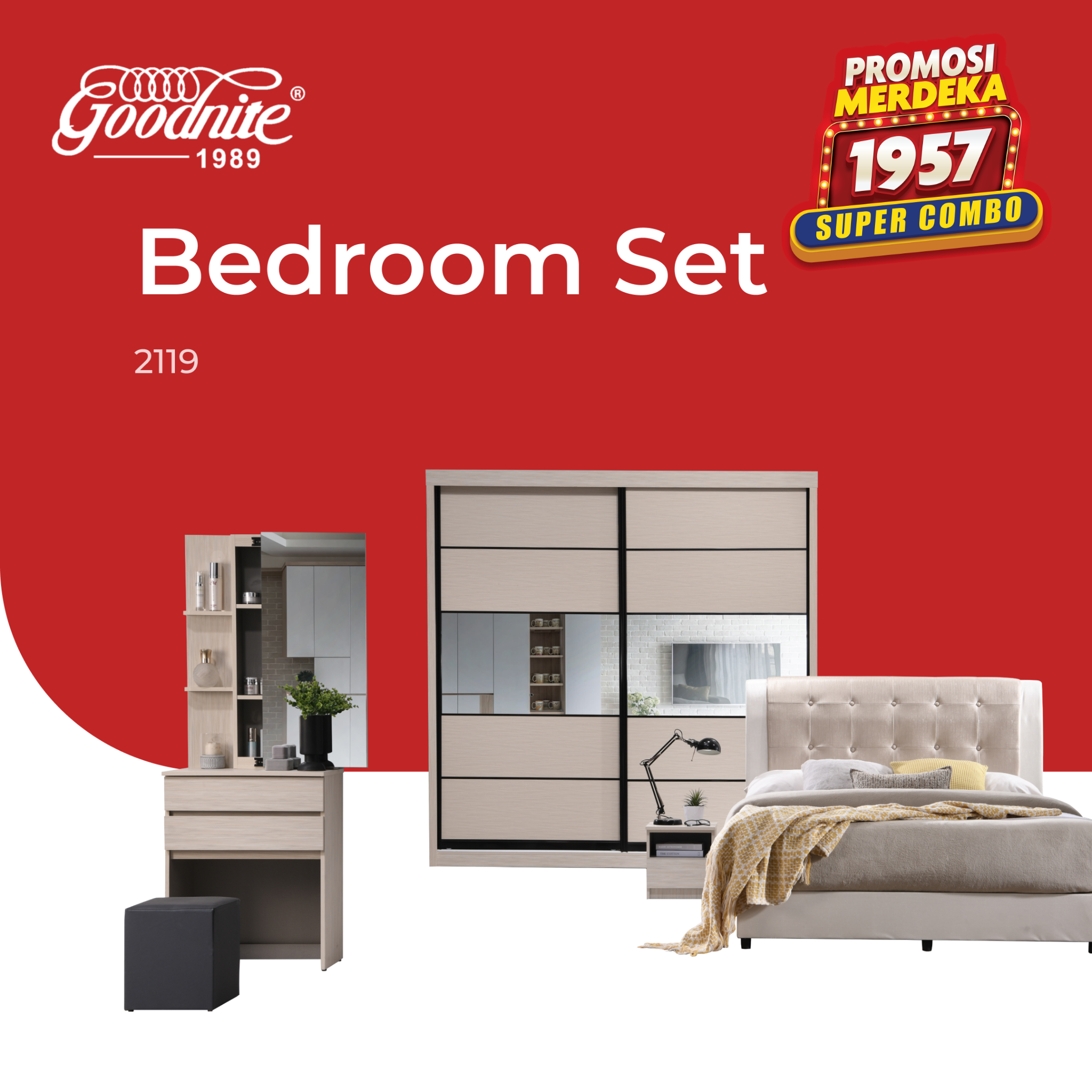 Goodnite Queen/ King Bedroom Set, Bedframe + Wardrobe + Dresser + Side Table (2119)