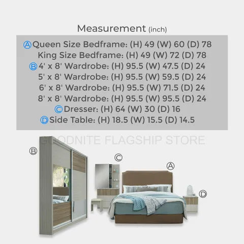 Goodnite Queen/ King Bedroom Set (HR2313), Bedframe + Wardrobe + Dresser + Side Table