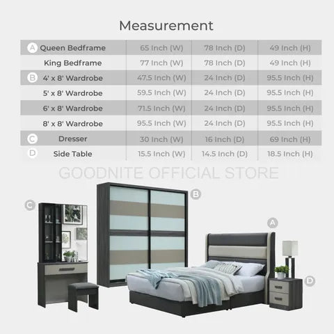 Goodnite Queen/ King Bedroom Set, Bedframe + Wardrobe + Dresser + Side Table (HR2314)