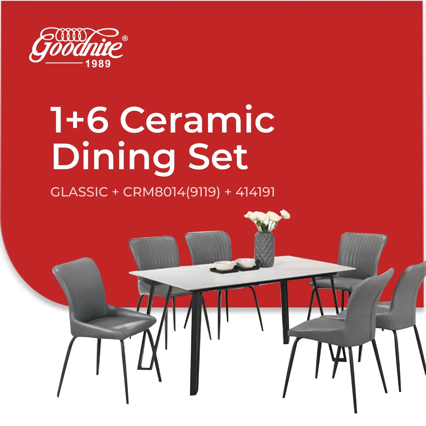 Goodnite (1+6) Ceramic Dining Set, Ceramic Top, Metal Leg, Fabric Chair