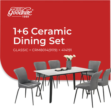 Goodnite (1+6) Ceramic Dining Set, Ceramic Top, Metal Leg, Fabric Chair