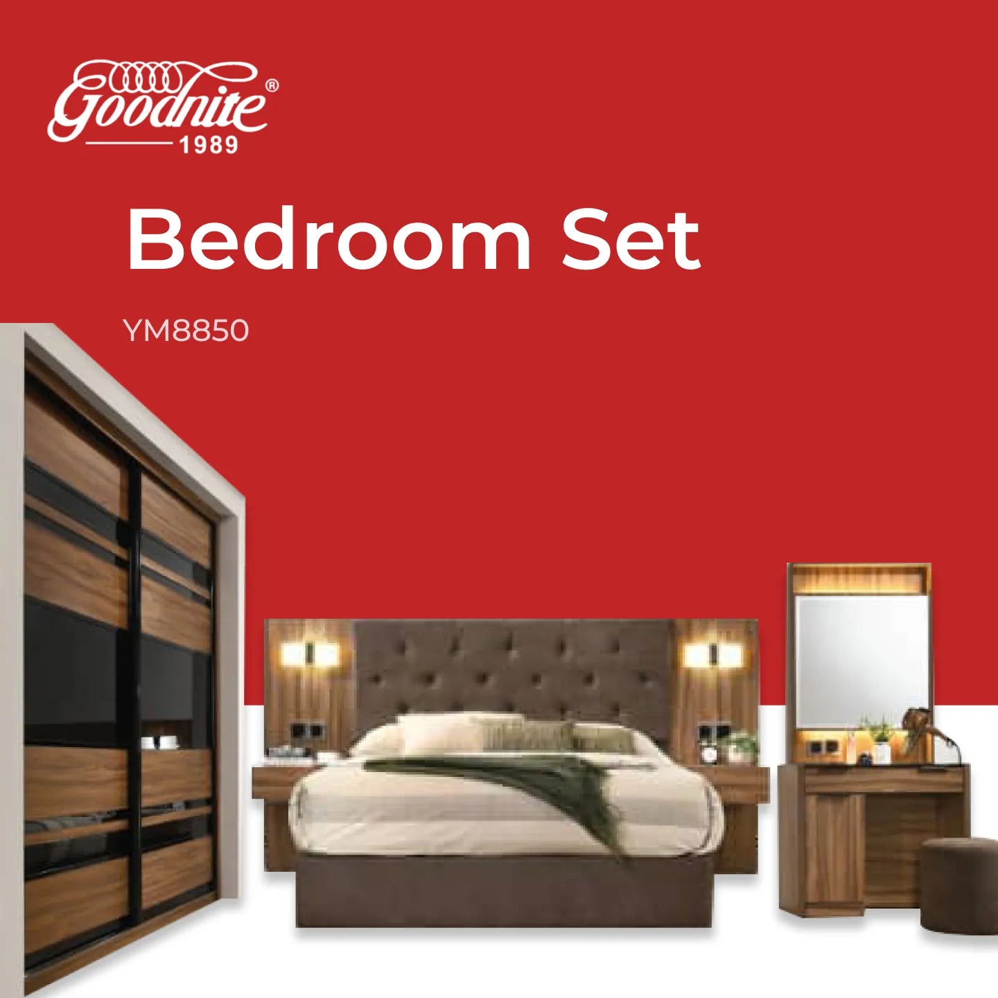 Goodnite Queen/ King Bedroom Set (YM8850), Bedframe + Wardrobe + Dresser + Side Table (YM8850)