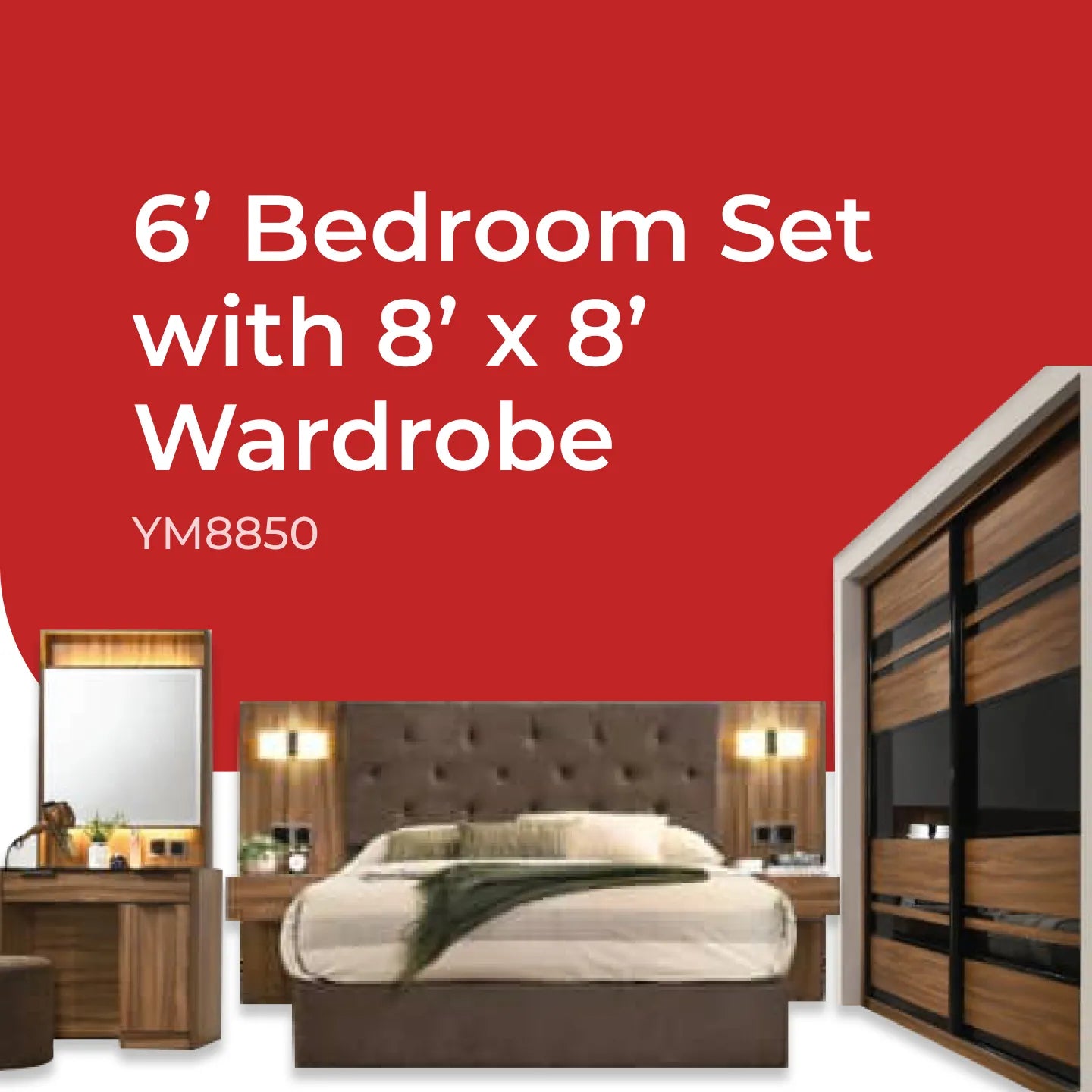 Goodnite Queen/ King Bedroom Set (YM8850), Bedframe + Wardrobe + Dresser + Side Table (YM8850)
