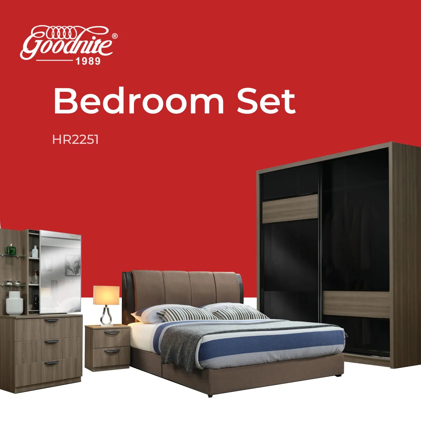 Goodnite Queen/ King Bedroom Set, Bedframe + Wardrobe + Dresser + Side Table (HR2251)