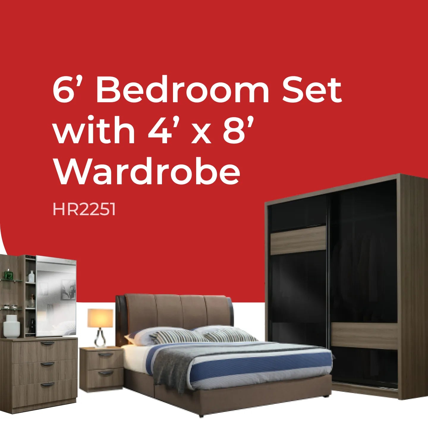 Goodnite Queen/ King Bedroom Set, Bedframe + Wardrobe + Dresser + Side Table (HR2251)