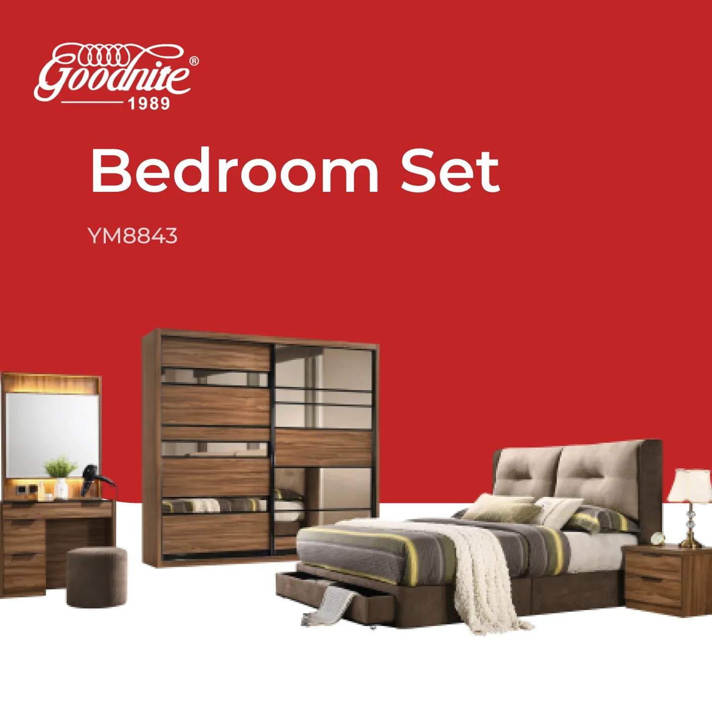 Goodnite Queen/ King Bedroom Set, Bedframe + Wardrobe + Dresser + Side Table (YM8843)