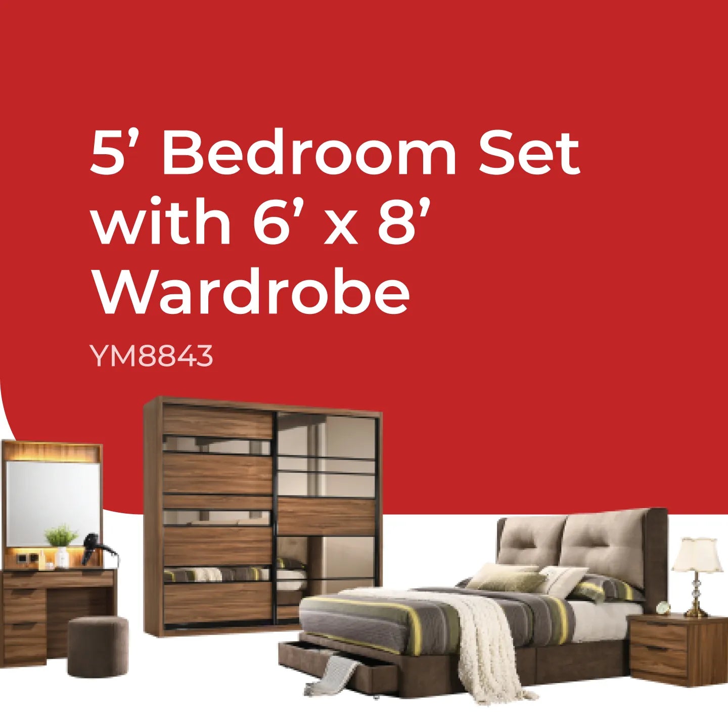Goodnite Queen/ King Bedroom Set, Bedframe + Wardrobe + Dresser + Side Table (YM8843)