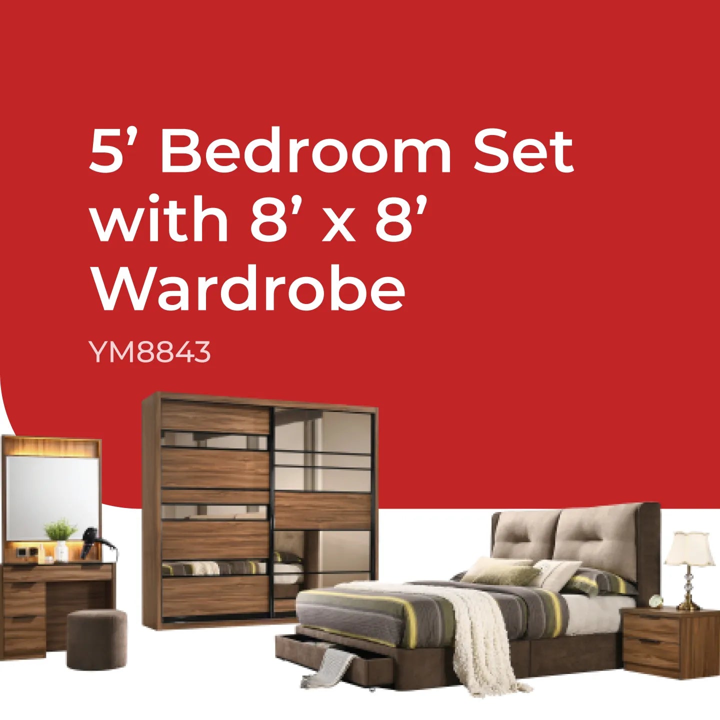 Goodnite Queen/ King Bedroom Set, Bedframe + Wardrobe + Dresser + Side Table (YM8843)