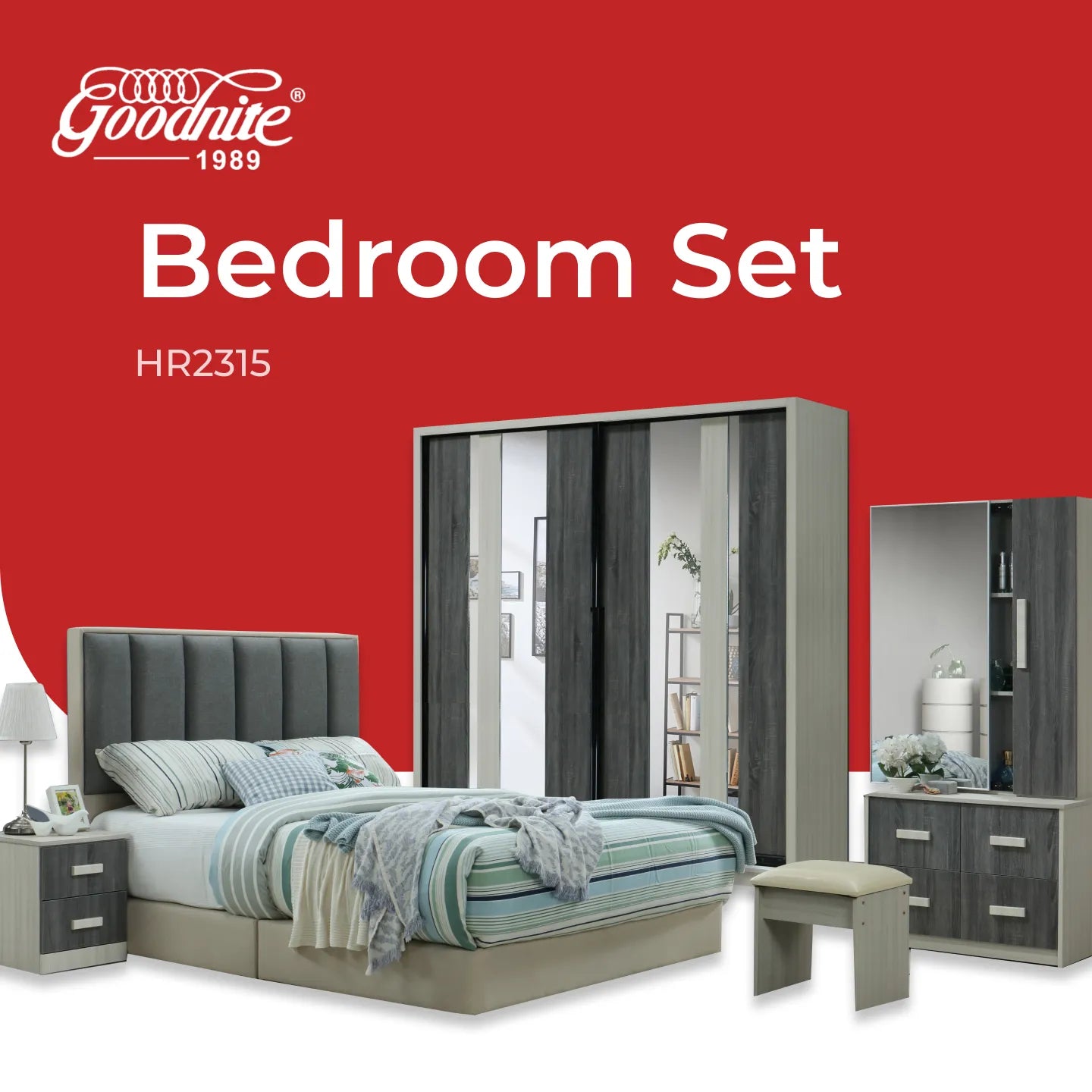 Goodnite Queen/ King Bedroom Set, Bedframe + Wardrobe + Dresser + Side Table (HR2315)