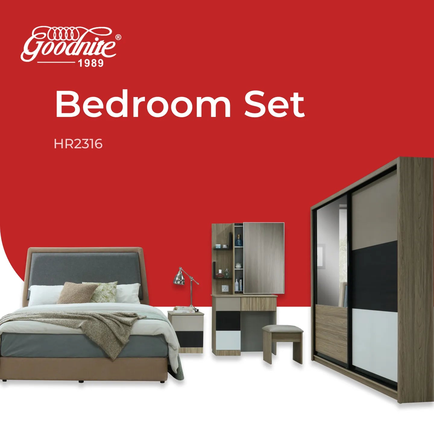 Goodnite Queen/ King Bedroom Set, Bedframe + Wardrobe + Dresser + Side Table (HR2316)