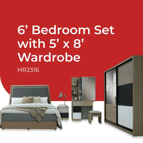 Goodnite Queen/ King Bedroom Set, Bedframe + Wardrobe + Dresser + Side Table (HR2316)