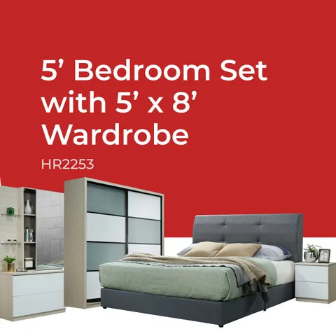 Goodnite Queen/ King Bedroom Set, Bedframe + 5ft x 8ft Wardrobe + Dresser + Side Table (HR2253)