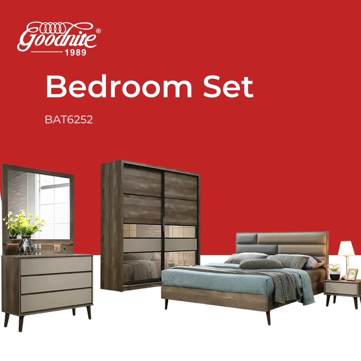 Goodnite Queen/ King Bedroom Set, Bedframe + Wardrobe + Dresser + Side Table (BAT6252)
