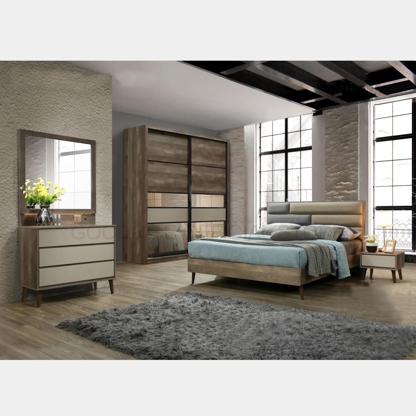 Goodnite Queen/ King Bedroom Set, Bedframe + Wardrobe + Dresser + Side Table (BAT6252)